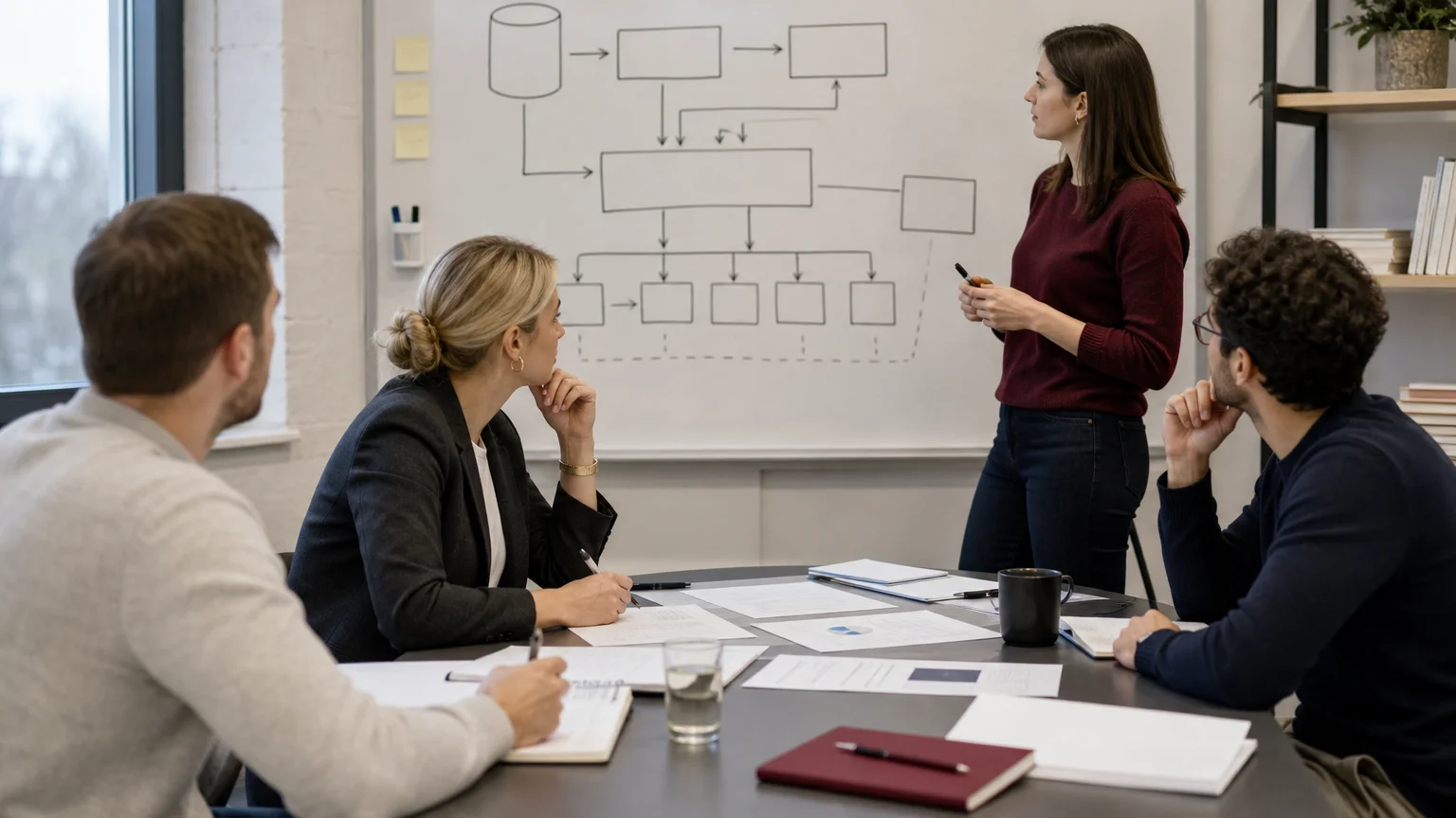 Équipe B2B analysant un framework de stratégie marketing sur un tableau blanc