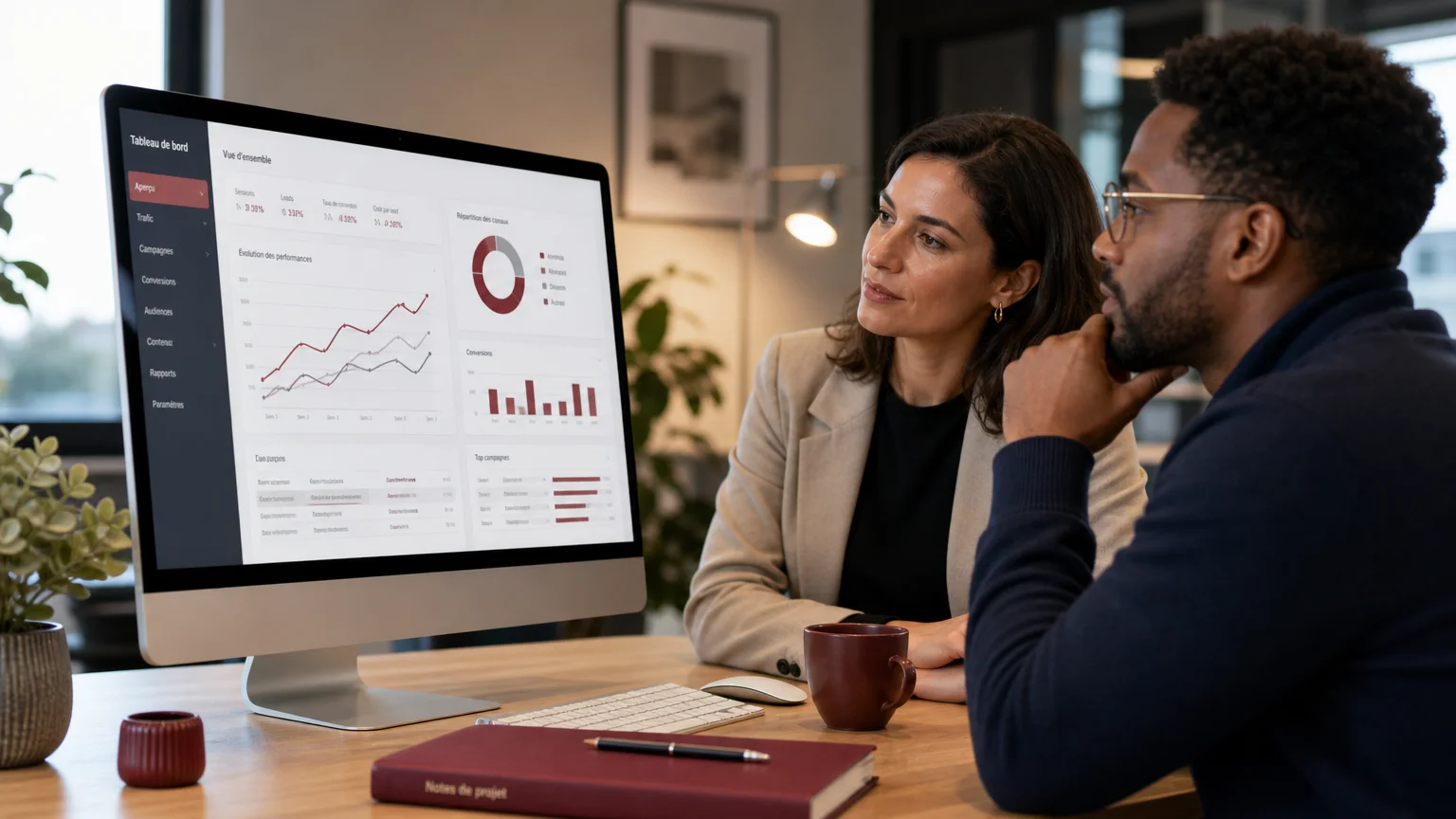 Équipe B2B analysant un tableau de bord marketing dans un bureau belge