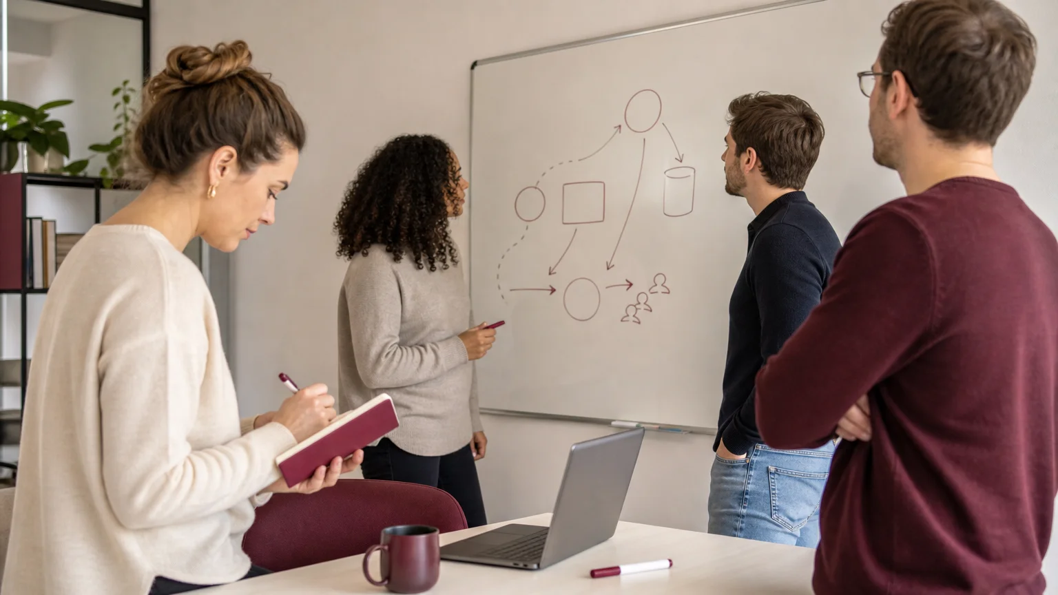Équipe B2B travaillant sur un schéma de positionnement au tableau blanc