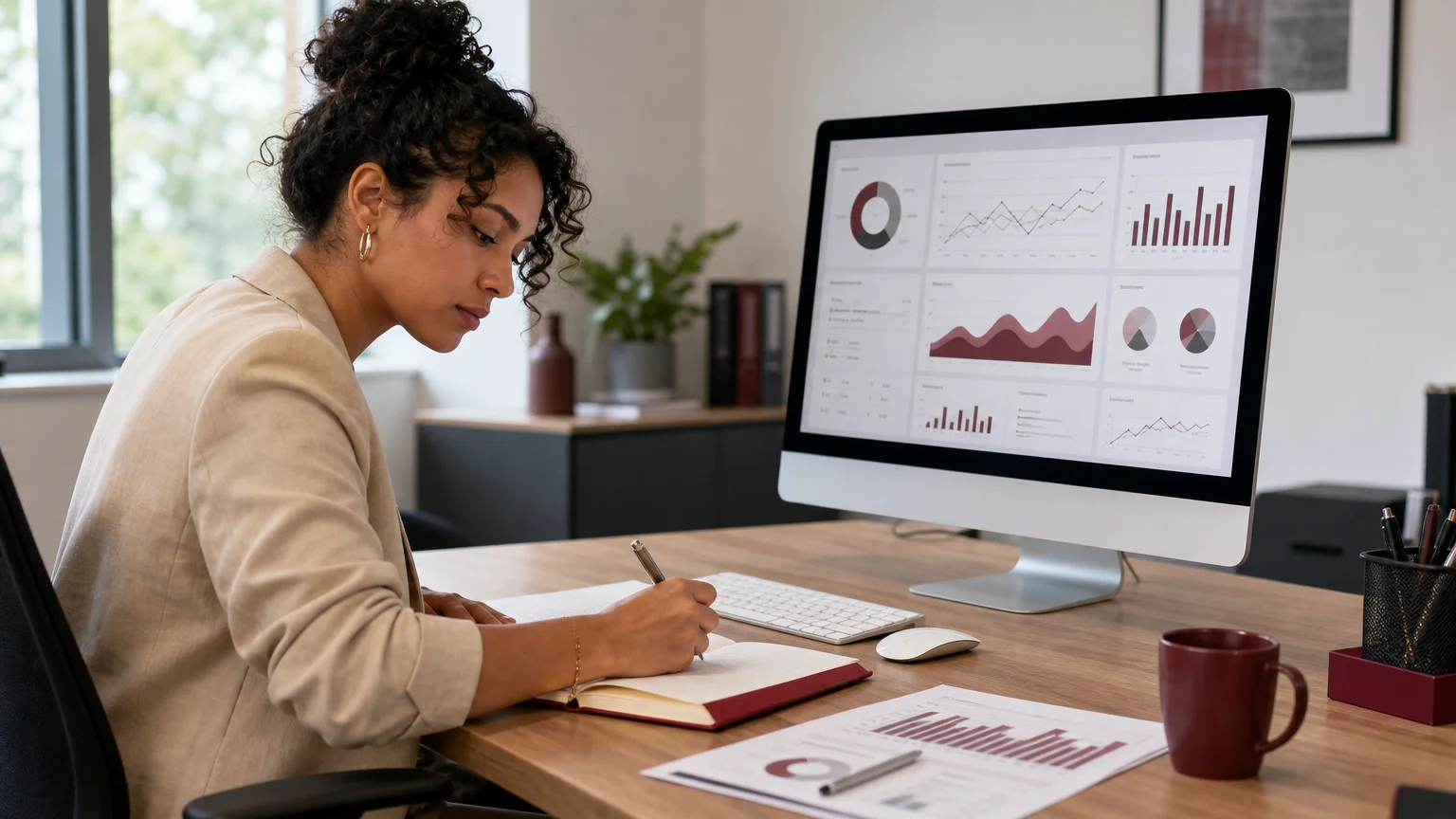 Tableau de bord analytics consulté par une professionnelle dans un bureau B2B