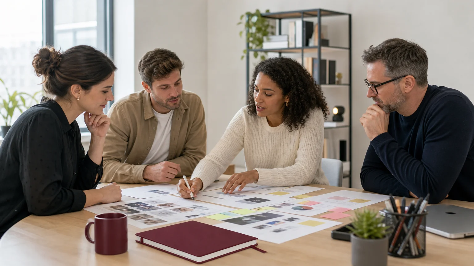 Équipe d’une PME B2B qui clarifie ses objectifs marketing autour de notes de travail