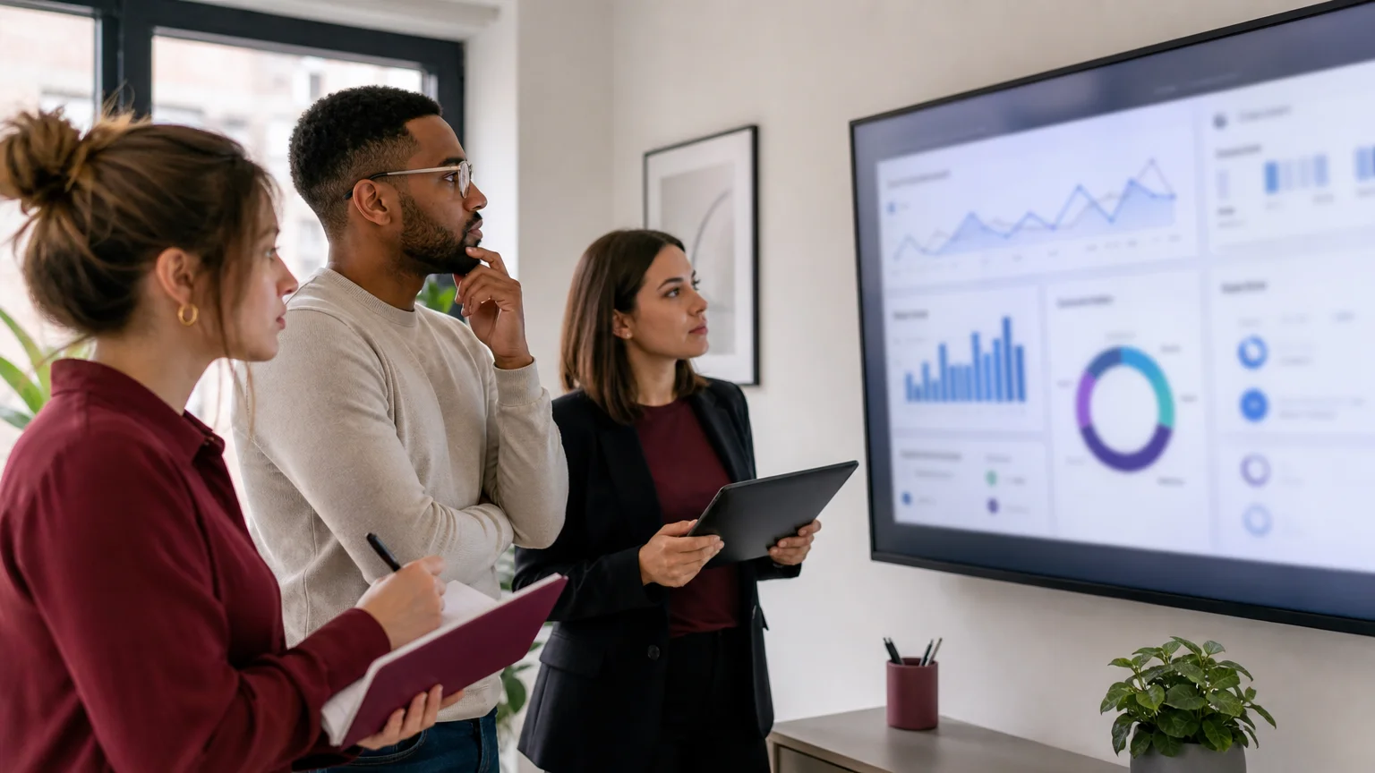 Équipe belge analysant un tableau de bord de génération de leads