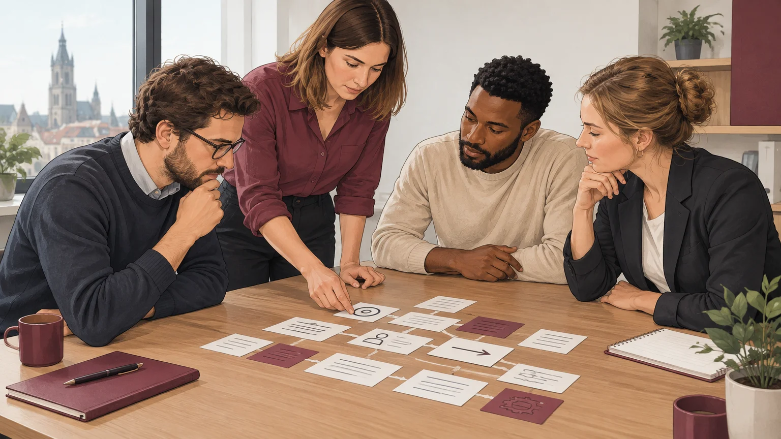 Équipe d’une PME organisant les étapes d’un parcours client autour d’une table