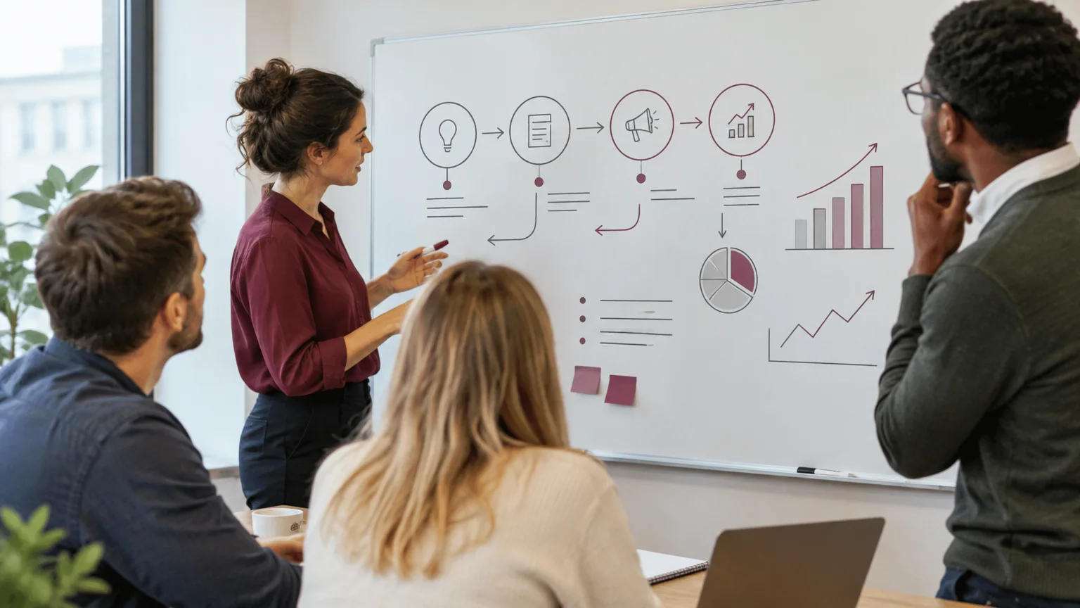Une équipe de PME structure un parcours de campagne devant un tableau blanc
