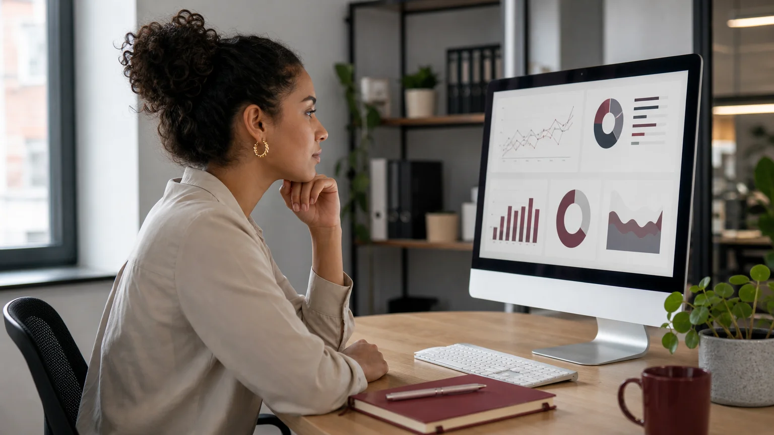 Professionnelle analysant des graphiques de performance sur un écran